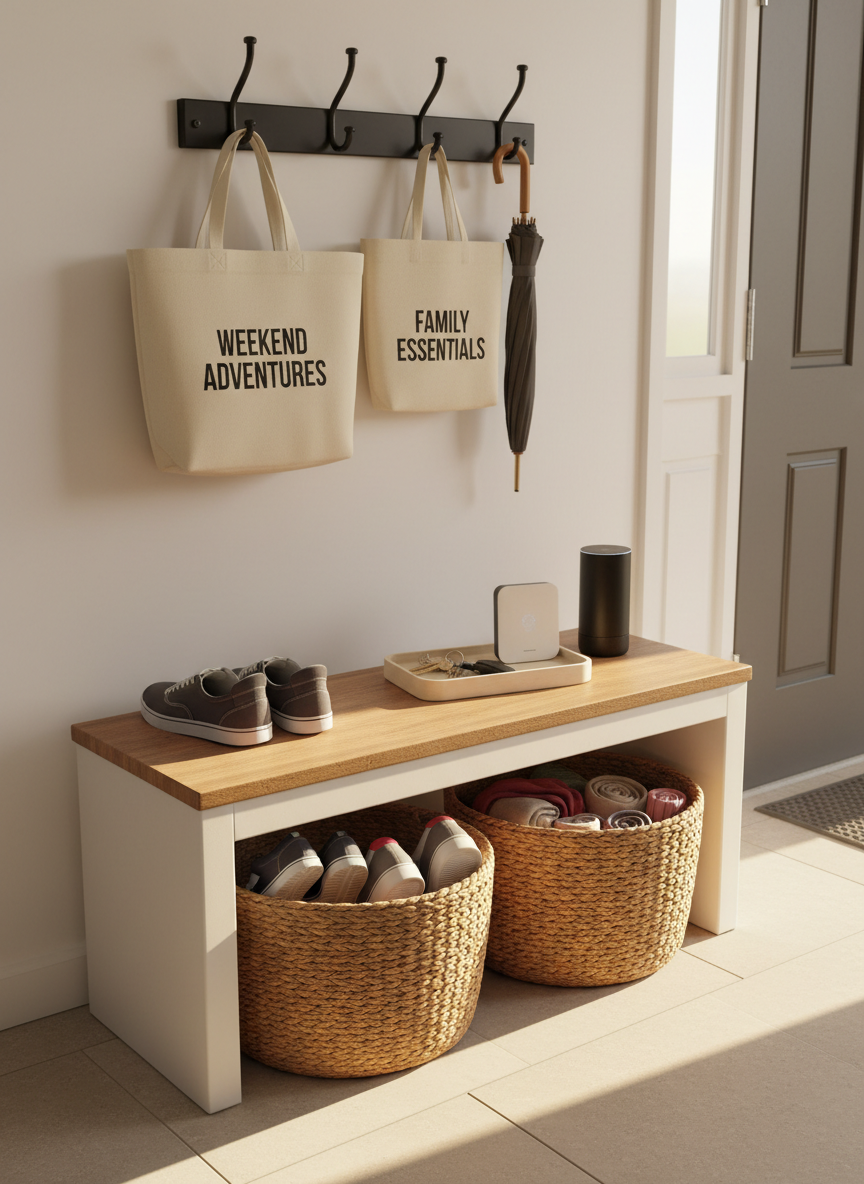 A charming, practical entryway bench area filled with Amazon finds for everyday organization. A white wooden bench with a natural wood seat holds two woven baskets tucked underneath, one brimming with neatly arranged shoes and the other with rolled scarves. On top, a small tray corrals keys, a compact wireless doorbell chime, and a sleek smart home hub. Above the bench, a set of matte black hooks holds canvas tote bags and a foldable umbrella. Warm late-afternoon light pours in from an unseen door, casting long, soft shadows on the light tile floor and highlighting the textures of wood and wicker. Captured at eye level with a slightly wide angle, the scene feels welcoming and functional. The mood is playful, real, and family-friendly, with photographic realism.