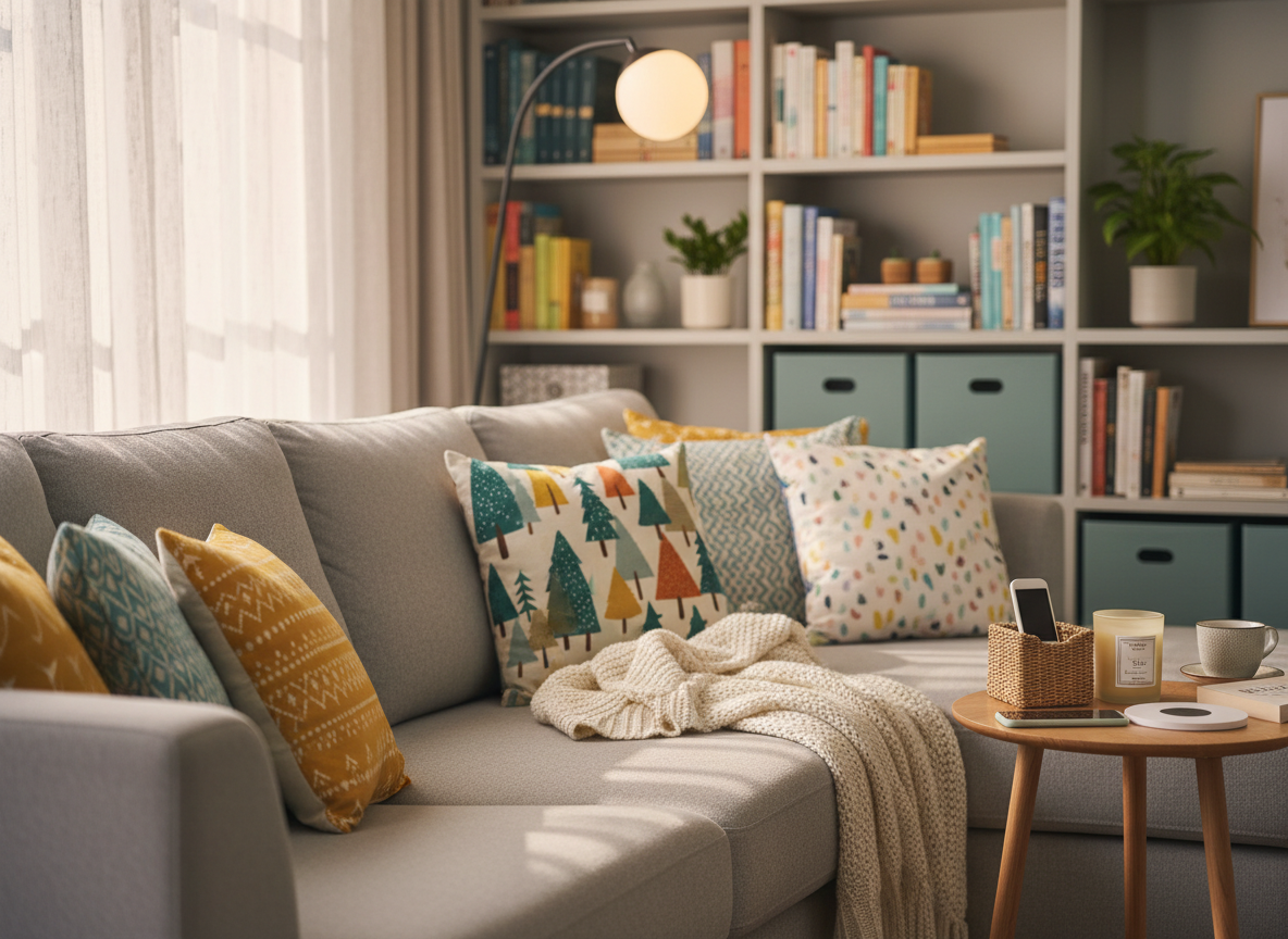 A cozy, well-lived-in living room corner featuring a plush light-gray sofa piled with Amazon throw pillows in playful patterns, a chunky knit blanket draped casually over the arm, and a slim, modern floor lamp arching overhead. On a small natural wood side table, a smart remote caddy, a scented candle in a frosted glass jar, and a minimal wireless charger sit neatly arranged. Warm afternoon sunlight filters through sheer curtains, casting soft, dappled light on the scene. Shot at eye level with a shallow depth of field, the background bookshelves and decorative storage cubes fade into a gentle blur. The atmosphere is relaxed, inviting, and slightly whimsical, with photographic realism and subtle pops of color that highlight the curated Amazon finds in a real-life setting.