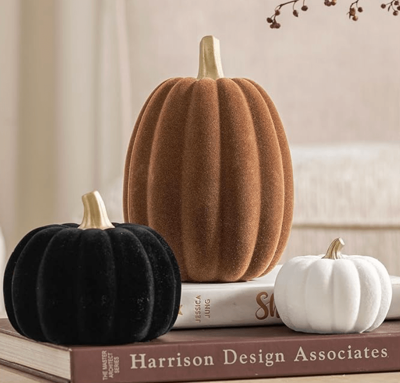 Three plush velvet pumpkins in black, warm rust-brown, and soft white, topped with realistic gold-painted stems, arranged elegantly on top of stacked vintage books.