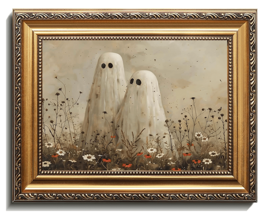 An oil-painting style artwork featuring two whimsical white sheet ghosts with black eyes standing in a field of wild grass and dark wildflowers, encased in a heavy, ornate gold baroque frame.